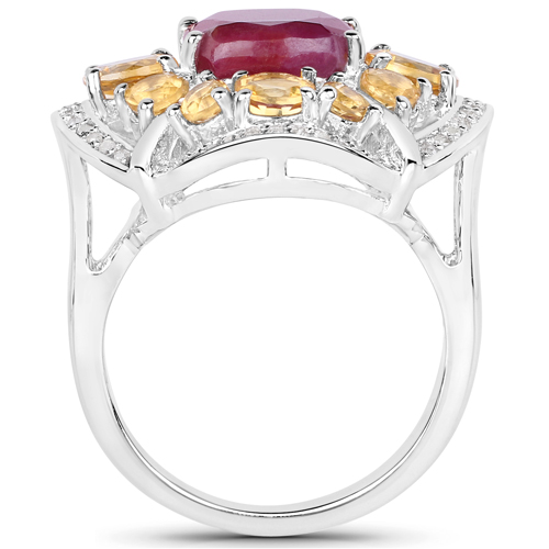 7.82 Carat Genuine Ruby, Citrine and White Diamond .925 Sterling Silver Ring