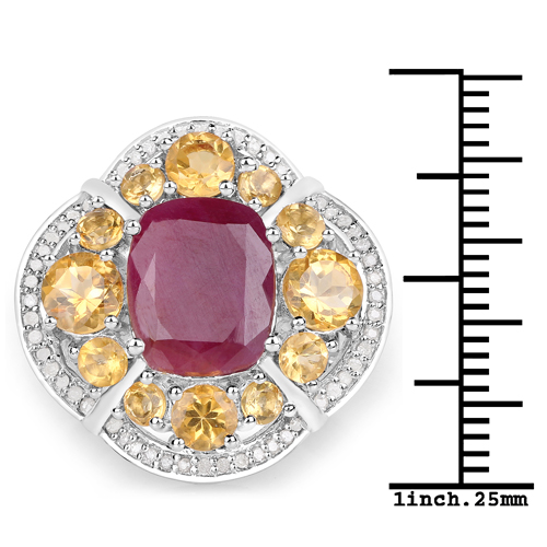 7.82 Carat Genuine Ruby, Citrine and White Diamond .925 Sterling Silver Ring