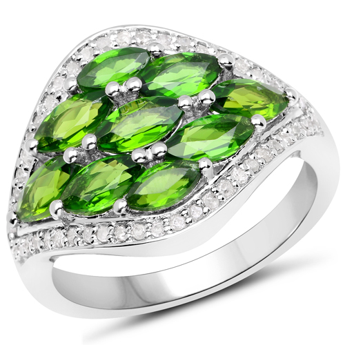 Rings-2.37 Carat Genuine Chrome Diopside and White Diamond .925 Sterling Silver Ring
