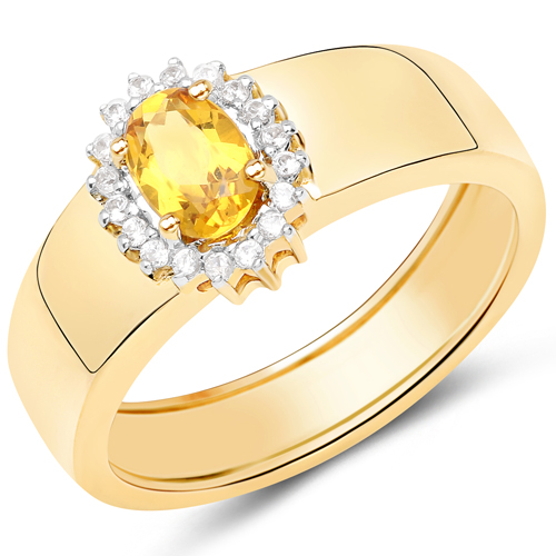 Rings-0.51 Carat Genuine Yellow Beryl and White Zircon .925 Sterling Silver Ring