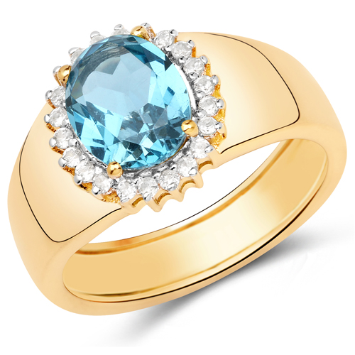 Rings-2.22 Carat Genuine Swiss Blue Topaz and White Zircon .925 Sterling Silver Ring