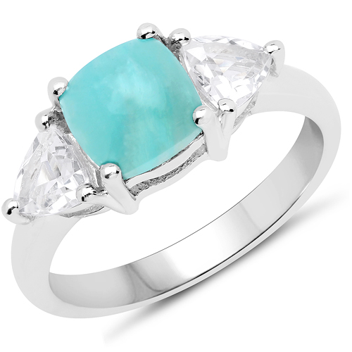 Rings-2.60 Carat Genuine Amazonite and White Topaz .925 Sterling Silver Ring