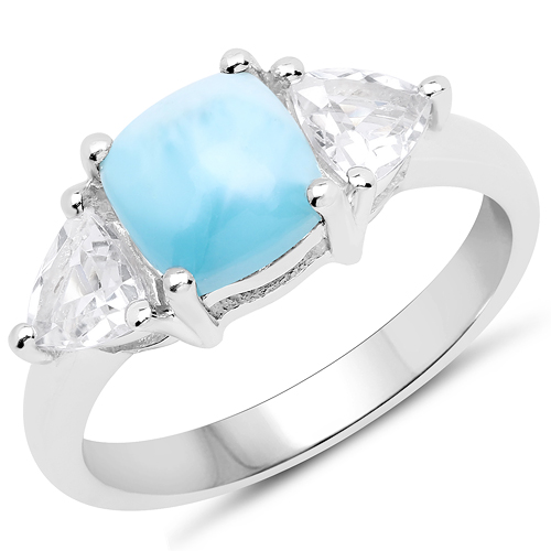 Rings-2.70 Carat Genuine Larimar and White Topaz .925 Sterling Silver Ring