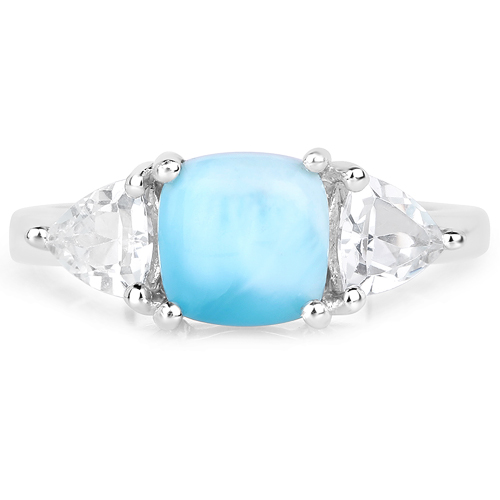 2.70 Carat Genuine Larimar and White Topaz .925 Sterling Silver Ring