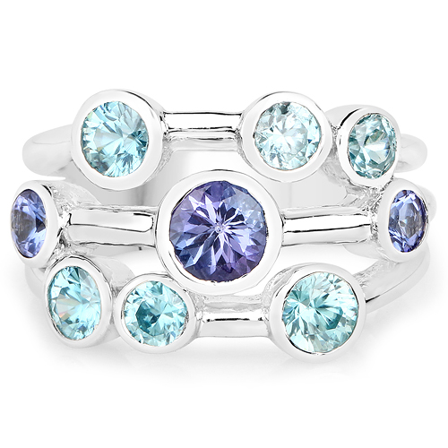 2.03 Carat Genuine Tanzanite and Blue Zircon .925 Sterling Silver Ring