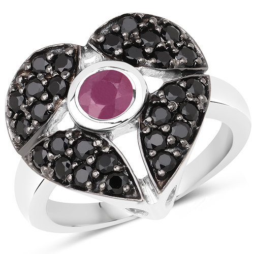 Ruby-1.70 Carat Genuine Ruby and Black Spinel .925 Sterling Silver Ring
