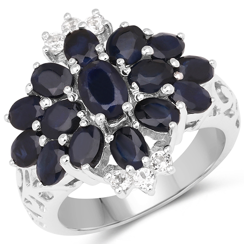 Sapphire-4.52 Carat Genuine Blue Sapphire and White Topaz .925 Sterling Silver Ring