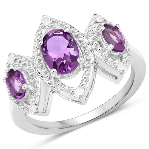 Amethyst-1.28 Carat Genuine Amethyst and White Diamond .925 Sterling Silver Ring