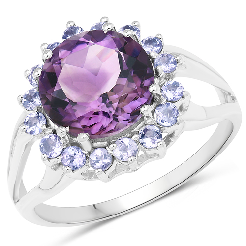 4.07 Carat Genuine Amethyst and Tanzanite .925 Sterling Silver Ring