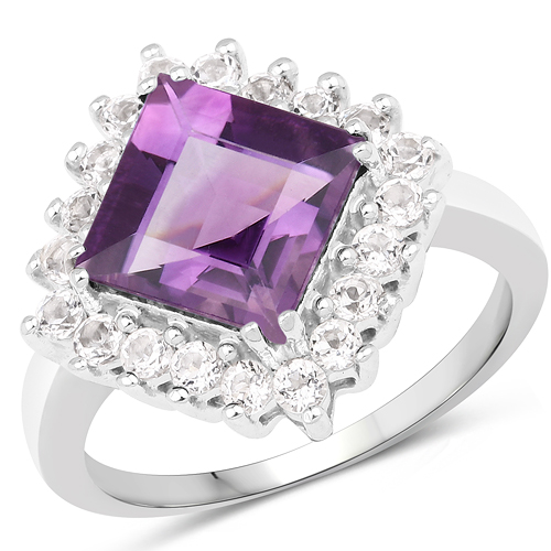 Amethyst-2.80 Carat Genuine Amethyst and White Topaz .925 Sterling Silver Ring