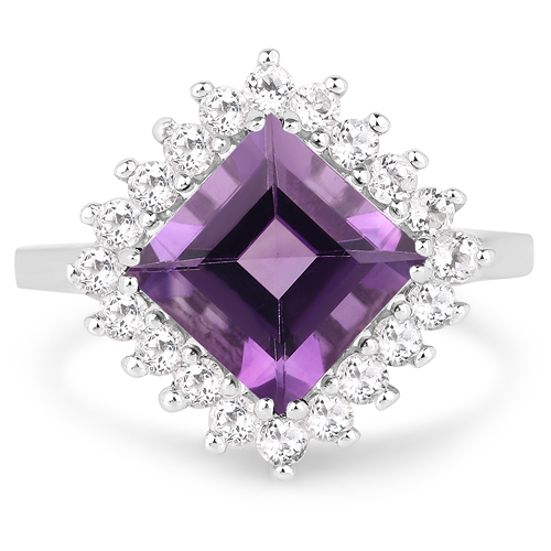 2.80 Carat Genuine Amethyst and White Topaz .925 Sterling Silver Ring