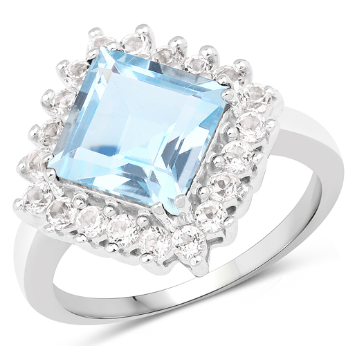 Rings-3.50 Carat Genuine Blue Topaz and White Topaz .925 Sterling Silver Ring