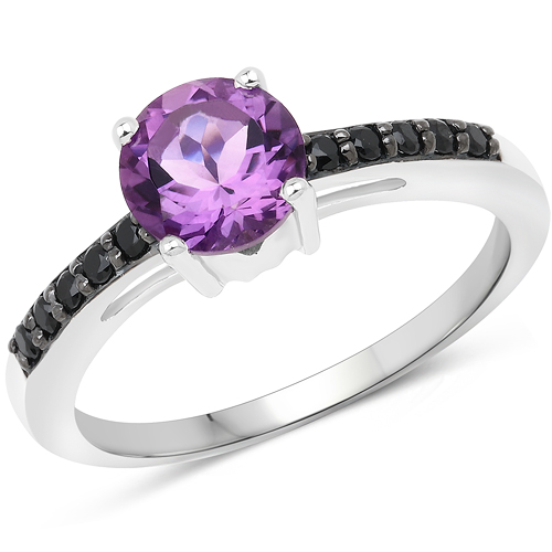 Amethyst-1.40 Carat Genuine Amethyst and Black Spinel .925 Sterling Silver Ring