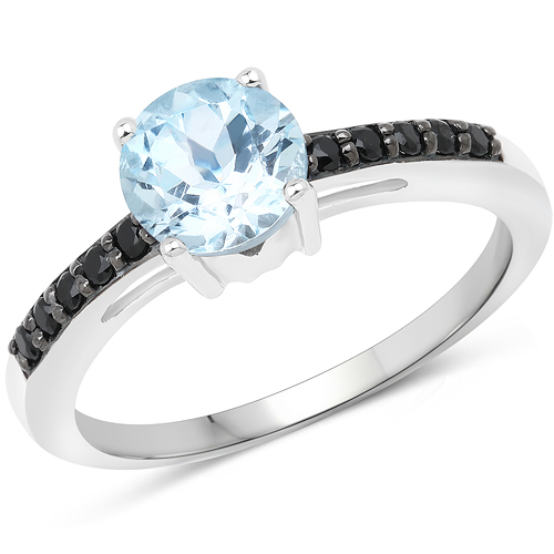Rings-1.89 Carat Genuine Blue Topaz and Black Spinel .925 Sterling Silver Ring
