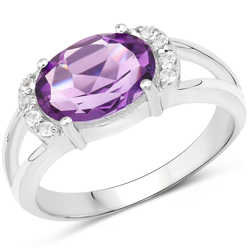 Amethyst-2.13 Carat Genuine Amethyst and White Topaz .925 Sterling Silver Ring