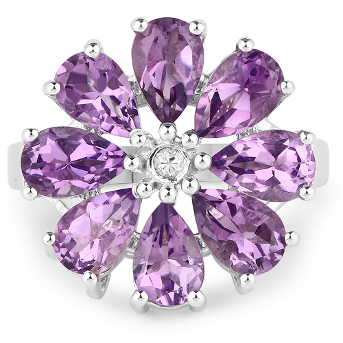 3.12 Carat Genuine Amethyst and White Diamond .925 Sterling Silver Ring