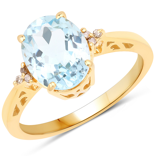 Rings-14K Yellow Gold Plated 3.28 Carat Genuine Blue Topaz and White Diamond .925 Sterling Silver Ring