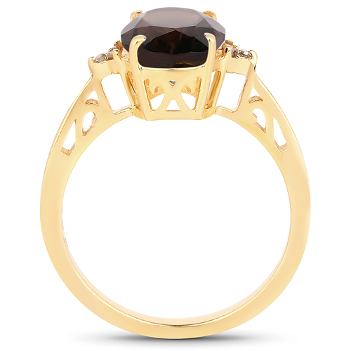 14K Yellow Gold Plated 2.33 Carat Genuine Smoky Quartz and White Diamond .925 Sterling Silver Ring