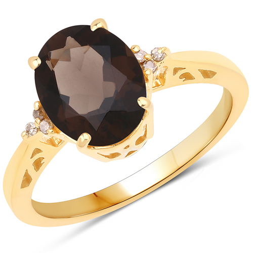Rings-14K Yellow Gold Plated 2.33 Carat Genuine Smoky Quartz and White Diamond .925 Sterling Silver Ring