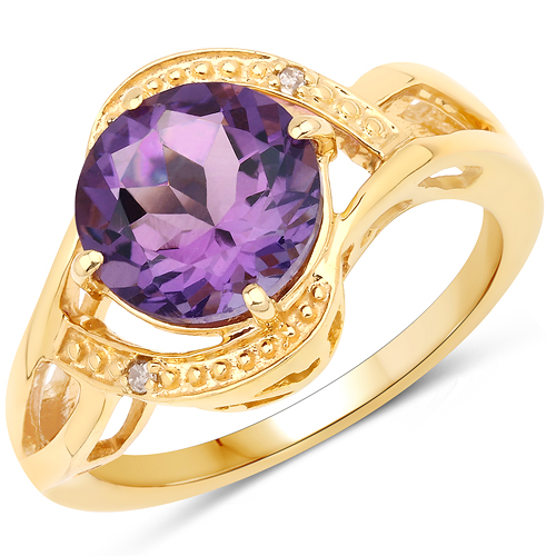 Amethyst-14K Yellow Gold Plated 2.39 Carat Genuine Amethyst and White Diamond .925 Sterling Silver Ring