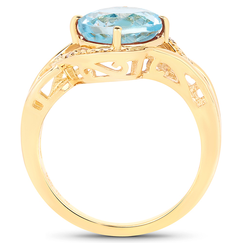 14K Yellow Gold Plated 3.26 Carat Genuine Blue Topaz and White Diamond .925 Sterling Silver Ring