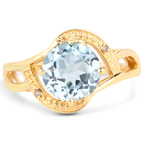 14K Yellow Gold Plated 3.26 Carat Genuine Blue Topaz and White Diamond .925 Sterling Silver Ring