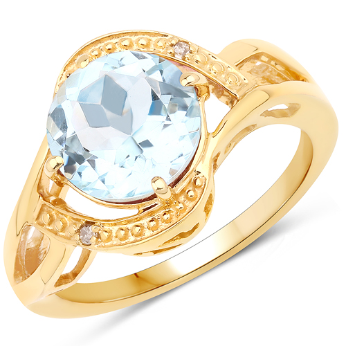 Rings-14K Yellow Gold Plated 3.26 Carat Genuine Blue Topaz and White Diamond .925 Sterling Silver Ring
