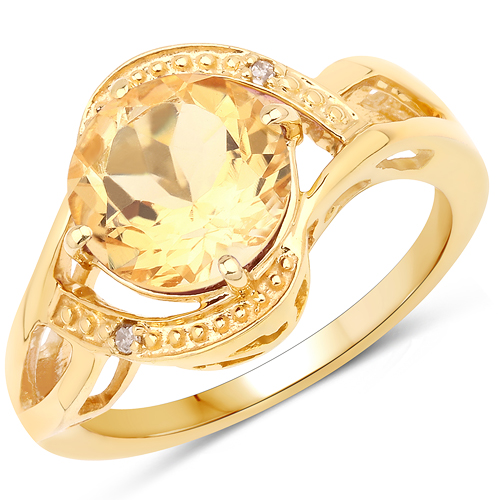 Citrine-14K Yellow Gold Plated 2.41 Carat Genuine Citrine and White Diamond .925 Sterling Silver Ring