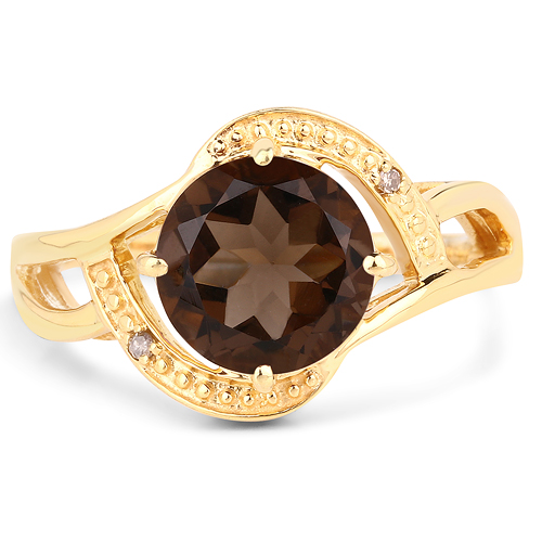 14K Yellow Gold Plated 2.42 Carat Genuine Smoky Quartz and White Diamond .925 Sterling Silver Ring
