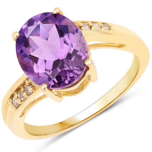 Amethyst-14K Yellow Gold Plated 3.23 Carat Genuine Amethyst and White Diamond .925 Sterling Silver Ring