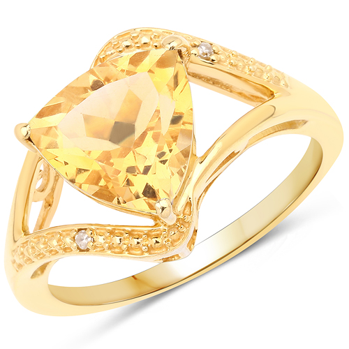 14K Yellow Gold Plated 2.26 Carat Genuine Citrine and White Diamond .925 Sterling Silver Ring