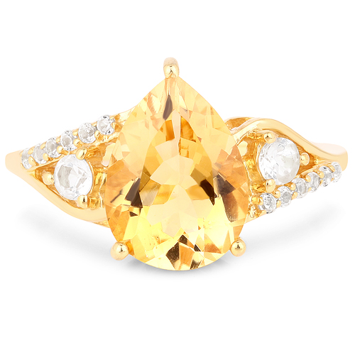 14K Yellow Gold Plated 2.98 Carat Genuine Citrine and White Topaz .925 Sterling Silver Ring