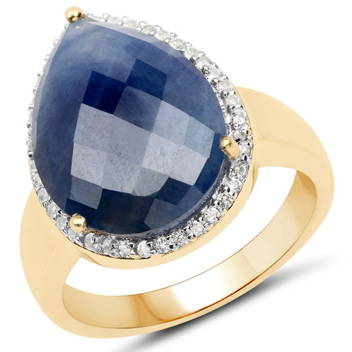 Sapphire-18K Yellow Gold Plated 9.35 Carat Genuine Blue Sapphire and White Topaz .925 Sterling Silver Ring