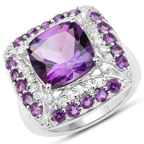 Amethyst-5.32 Carat Genuine Amethyst and White Zircon .925 Sterling Silver Ring