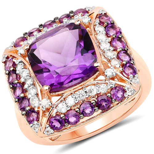 Amethyst-14K Rose Gold Plated 5.32 Carat Genuine Amethyst and White Zircon .925 Sterling Silver Ring