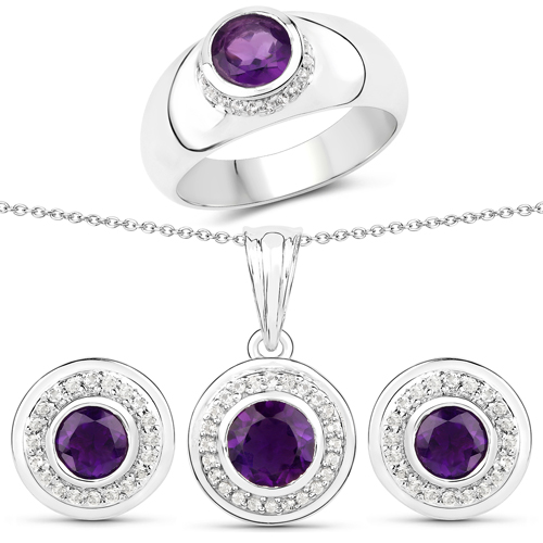 Amethyst-2.78 Carat Genuine Amethyst and White Topaz .925 Sterling Silver 3 Piece Jewelry Set (Ring, Earrings, and Pendant w/ Chain)