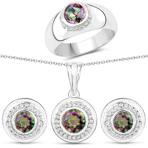 Jewelry Sets-3.96 Carat Genuine Rainbow Quartz and White Topaz .925 Sterling Silver 3 Piece Jewelry Set (Ring, Earrings, and Pendant w/ Chain)