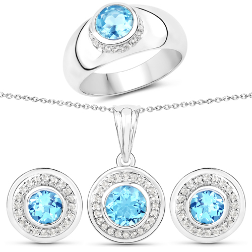 Jewelry Sets-3.66 Carat Genuine Swiss Blue Topaz and White Topaz .925 Sterling Silver 3 Piece Jewelry Set (Ring, Earrings, and Pendant w/ Chain)