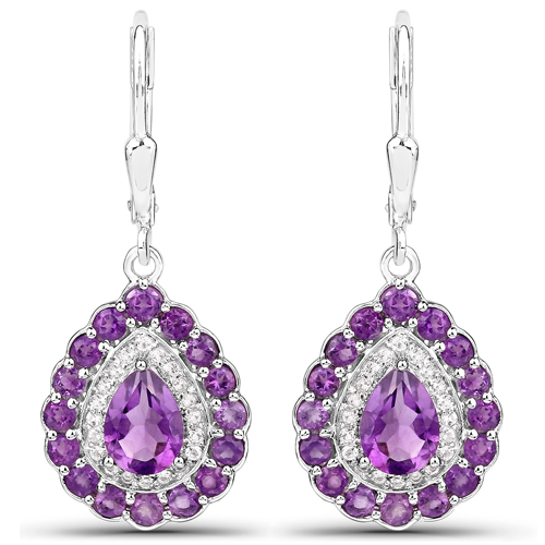 9.44 Carat Genuine Amethyst and White Topaz .925 Sterling Silver 3 Piece Jewelry Set (Ring, Earrings, and Pendant w/ Chain)