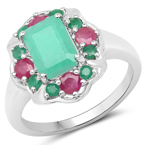 Emerald-2.36 Carat Genuine Emerald and Ruby .925 Sterling Silver Ring