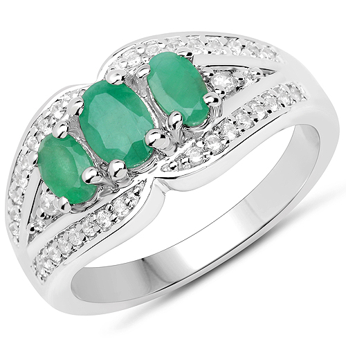 Emerald-1.07 Carat Genuine Emerald and White Zircon .925 Sterling Silver Ring