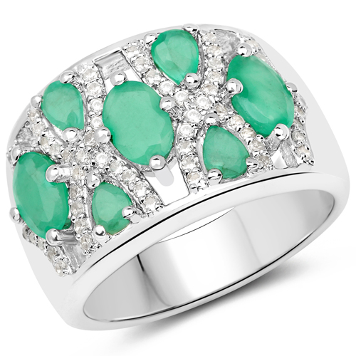 Emerald-2.24 Carat Genuine Emerald and White Zircon .925 Sterling Silver Ring