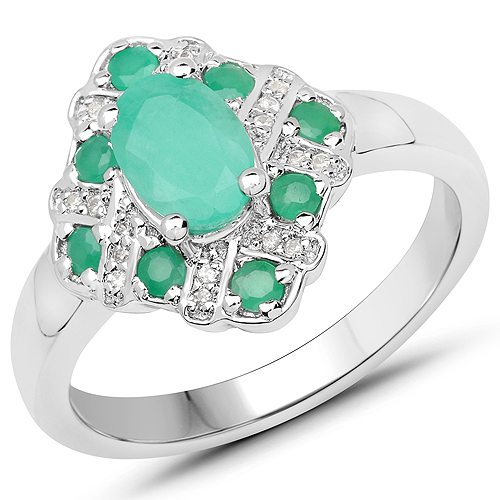 Emerald-1.03 Carat Genuine Emerald and White Zircon .925 Sterling Silver Ring