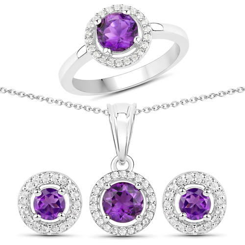 Amethyst-2.34 Carat Genuine Amethyst and White Topaz .925 Sterling Silver 3 Piece Jewelry Set (Ring, Earrings, and Pendant w/ Chain)