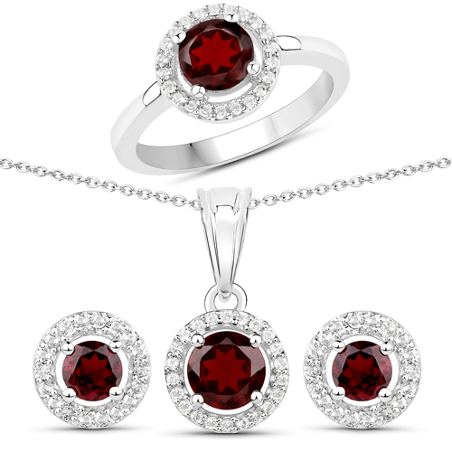 Garnet-3.24 Carat Genuine Garnet and White Topaz .925 Sterling Silver 3 Piece Jewelry Set (Ring, Earrings, and Pendant w/ Chain)
