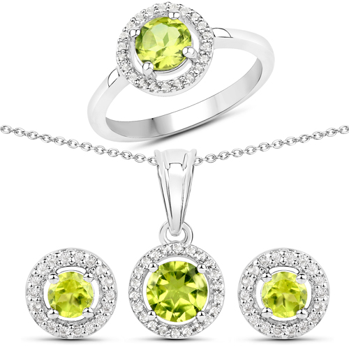 Peridot-2.48 Carat Genuine Peridot and White Topaz .925 Sterling Silver 3 Piece Jewelry Set (Ring, Earrings, and Pendant w/ Chain)