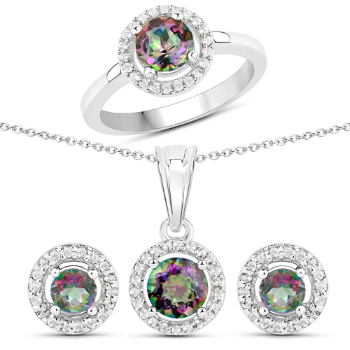 Jewelry Sets-2.30 Carat Genuine Rainbow Quartz and White Topaz .925 Sterling Silver 3 Piece Jewelry Set (Ring, Earrings, and Pendant w/ Chain)
