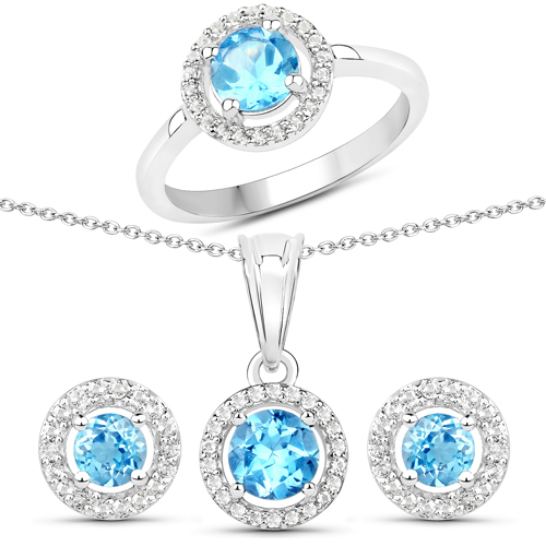 Jewelry Sets-3.28 Carat Genuine Swiss Blue Topaz and White Topaz .925 Sterling Silver 3 Piece Jewelry Set (Ring, Earrings, and Pendant w/ Chain)