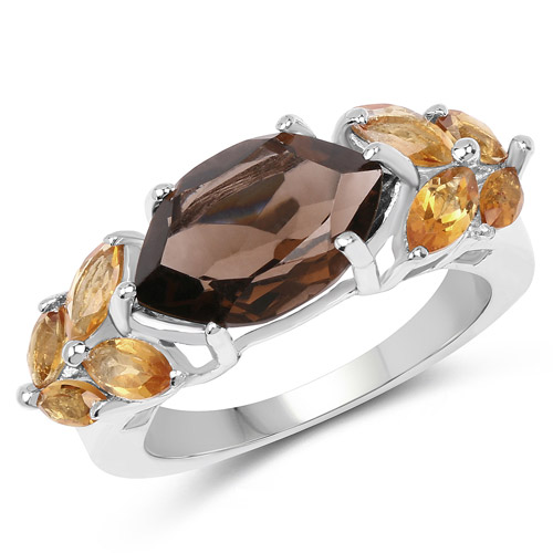 Rings-2.56 Carat Genuine Smoky Quartz and Citrine .925 Sterling Silver Ring