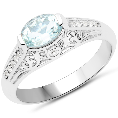 Rings-0.77 Carat Genuine Aquamarine and White Zircon .925 Sterling Silver Ring